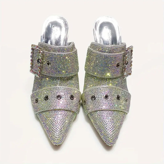 Silver Stelitto Sandals with AB Stones