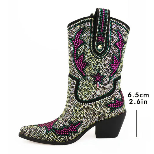 Western Mid Calf Boots with Shinny Diamonds