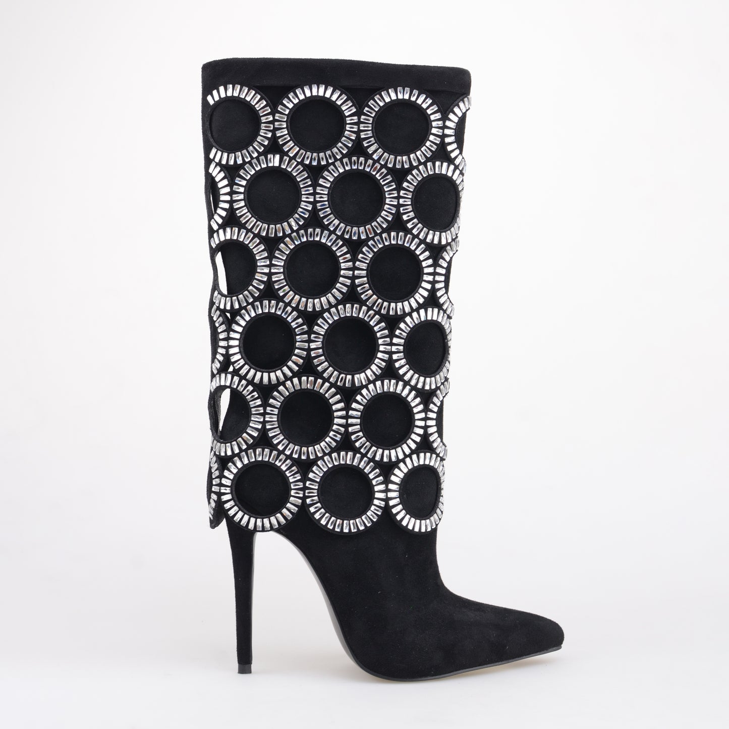 Black Mid Calf Boots With Big Diamonds Circles