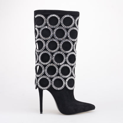 Black Mid Calf Boots With Big Diamonds Circles