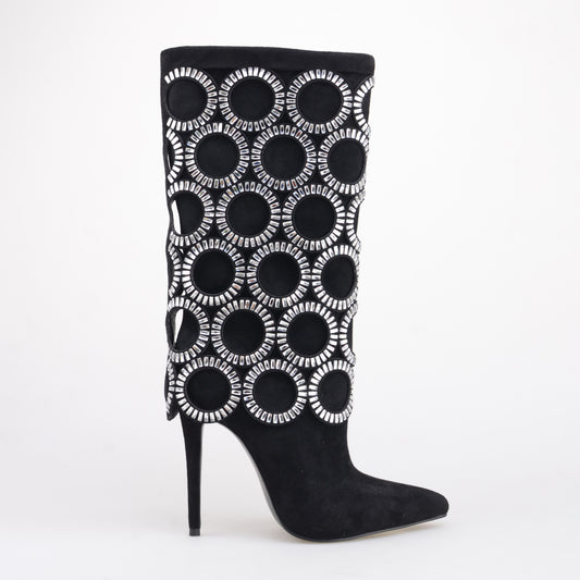 Black Mid Calf Boots With Big Diamonds Circles