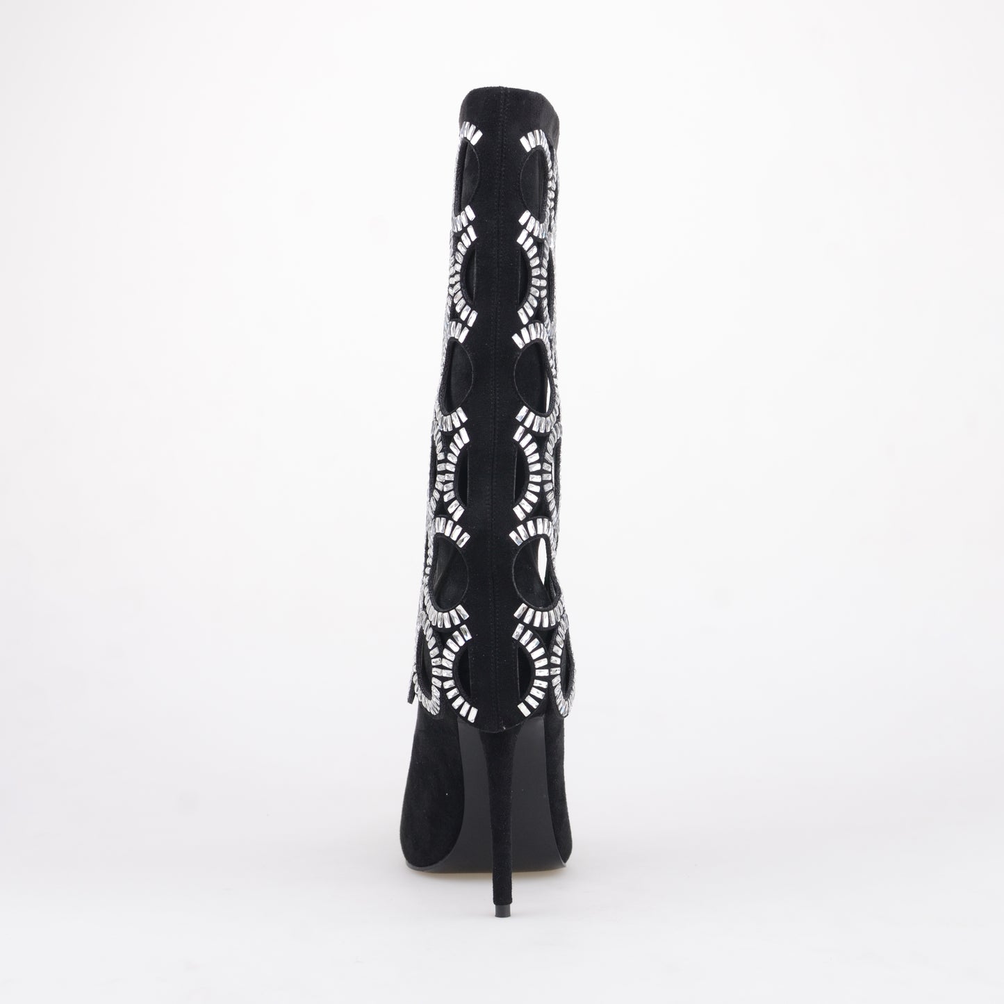 Black Mid Calf Boots With Big Diamonds Circles
