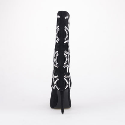 Black Mid Calf Boots With Big Diamonds Circles