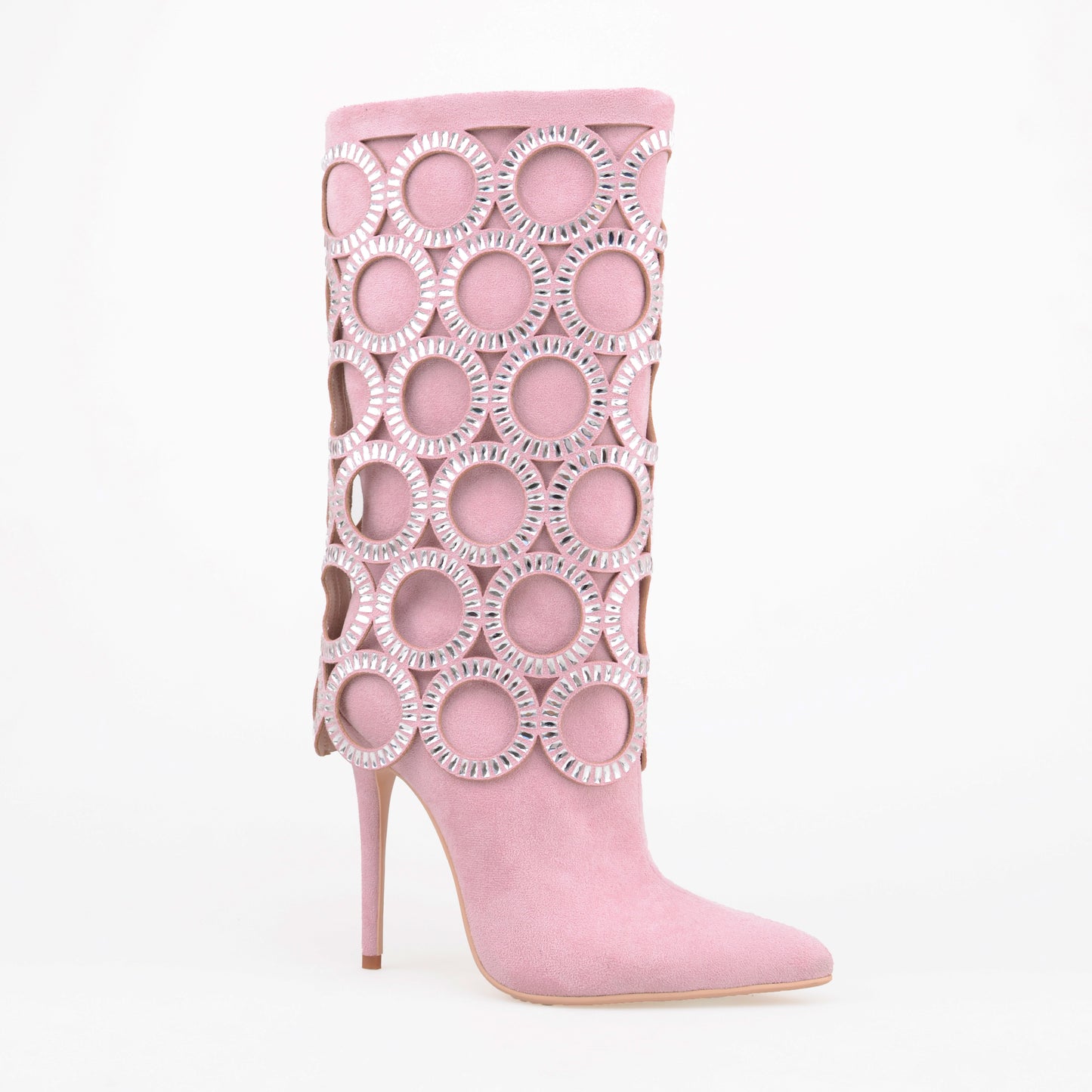 Black Mid Calf Boots With Big Diamonds Circles
