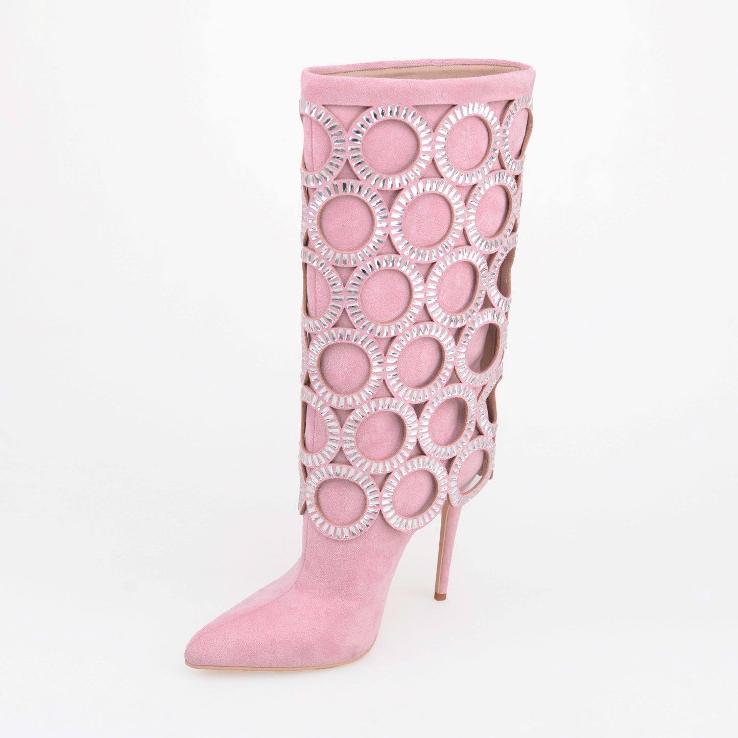 Black Mid Calf Boots With Big Diamonds Circles