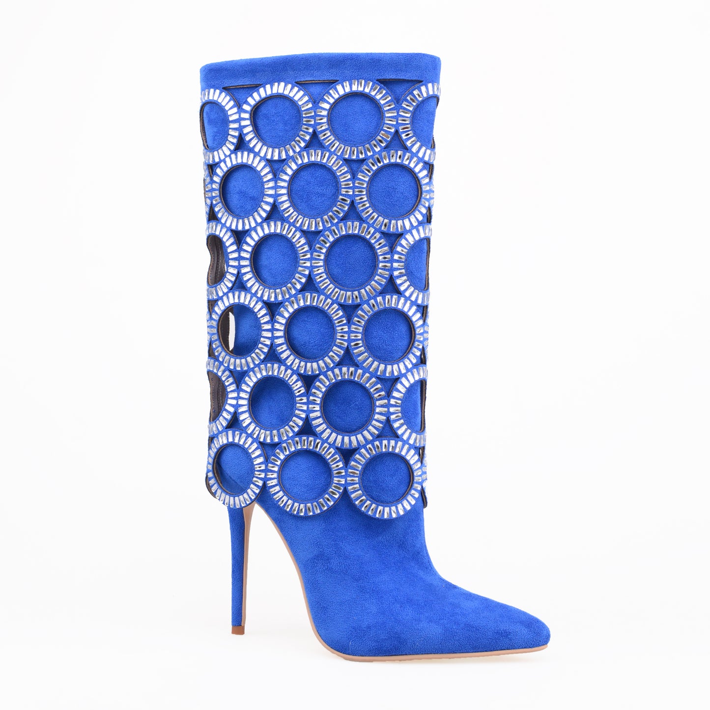 Black Mid Calf Boots With Big Diamonds Circles