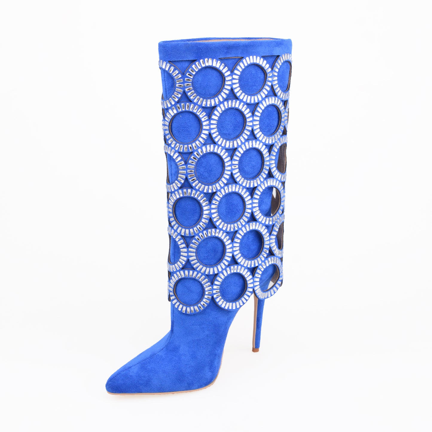 Black Mid Calf Boots With Big Diamonds Circles