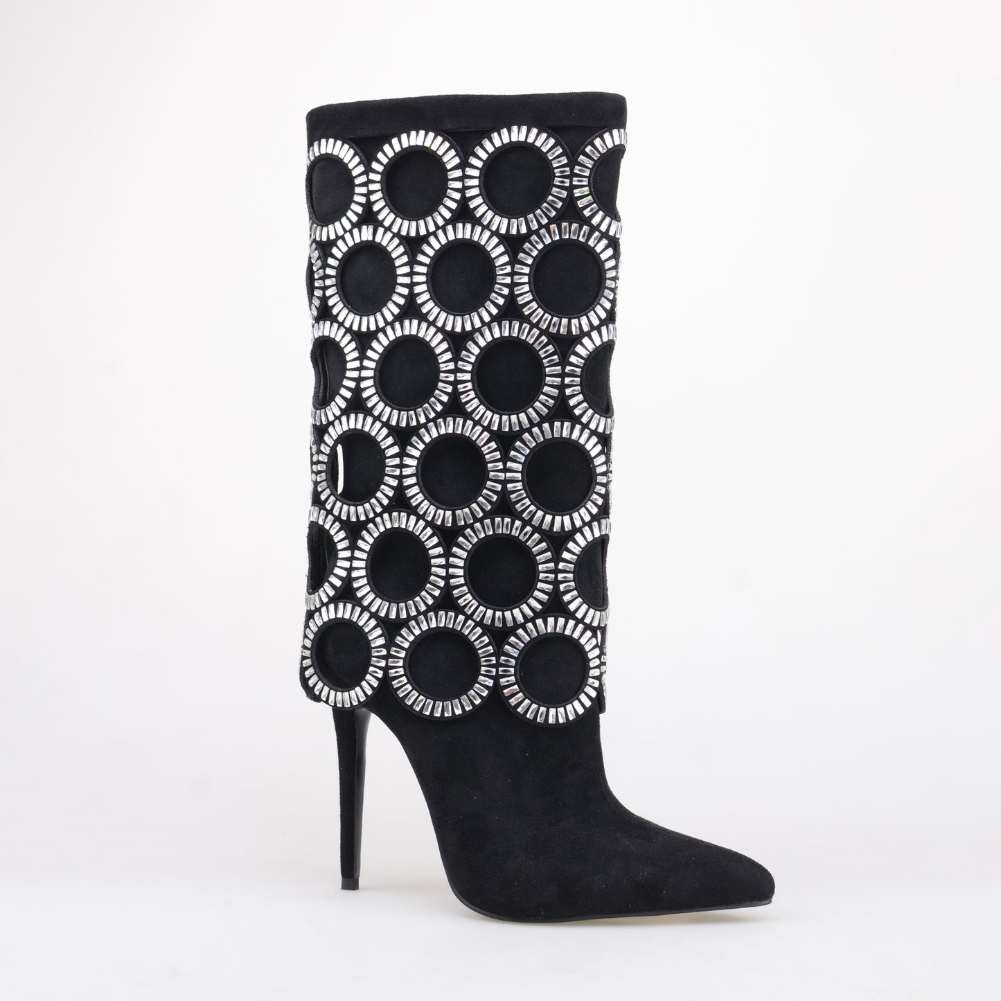 Black Mid Calf Boots With Big Diamonds Circles