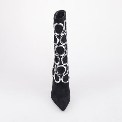 Black Mid Calf Boots With Big Diamonds Circles