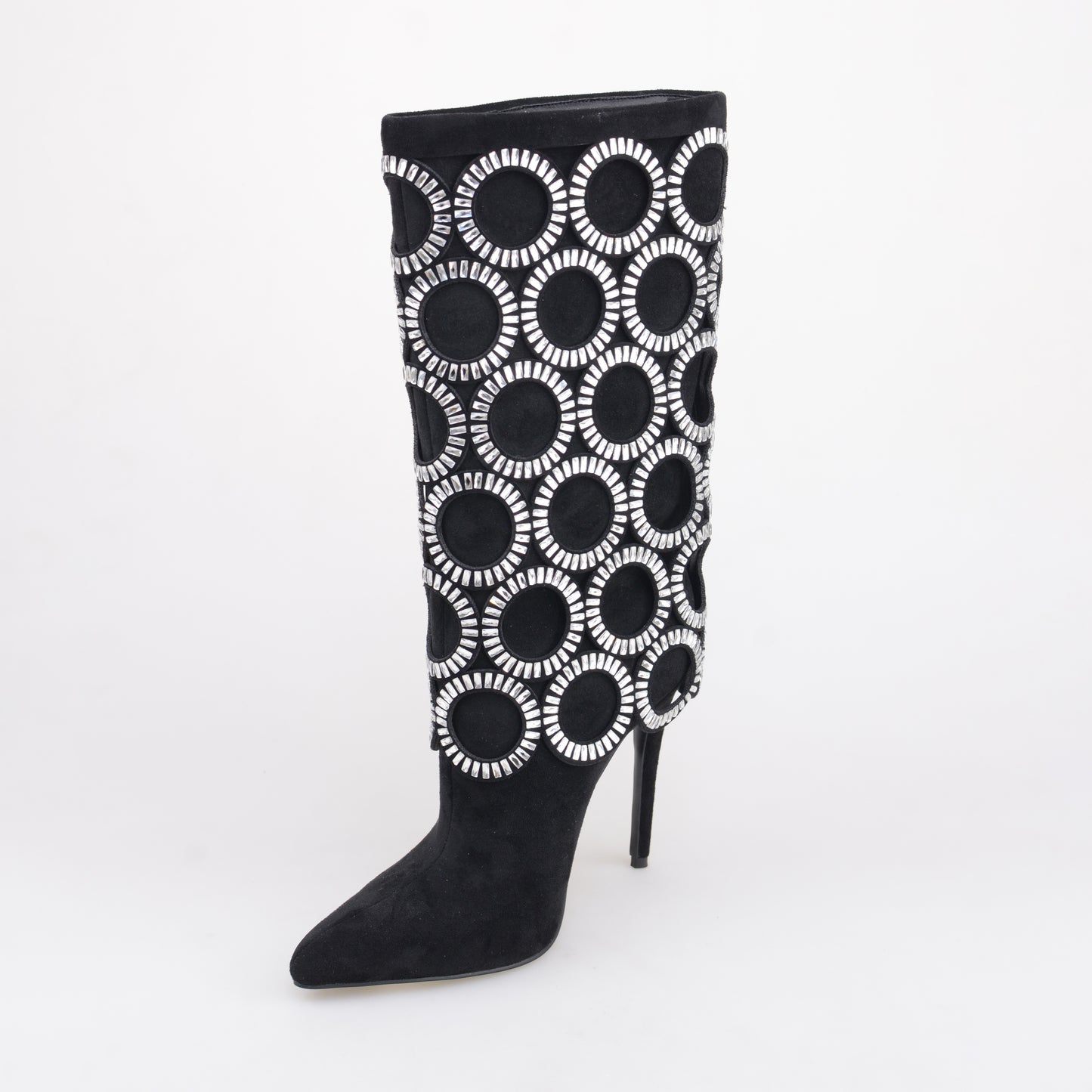 Black Mid Calf Boots With Big Diamonds Circles