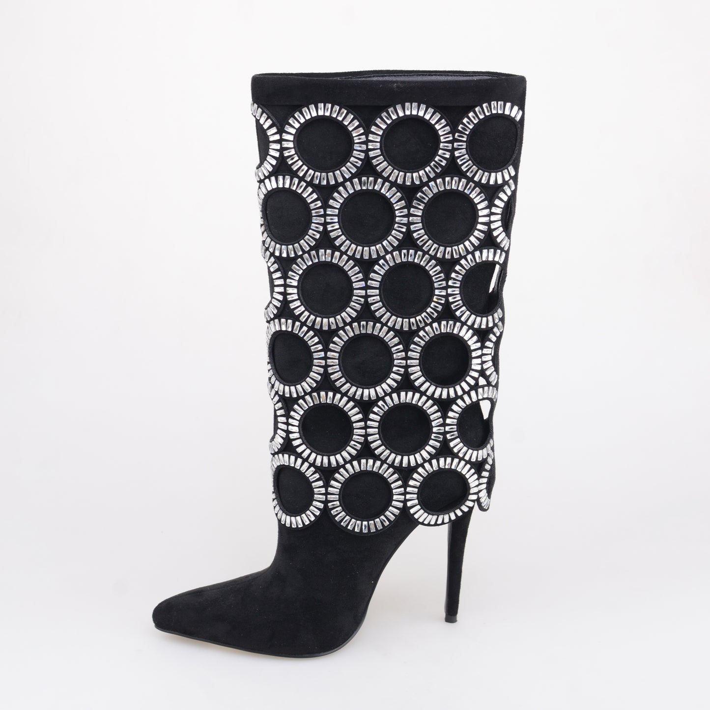 Black Mid Calf Boots With Big Diamonds Circles