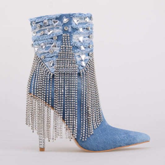 Denim Booties with  rhinestone Metal Chain
