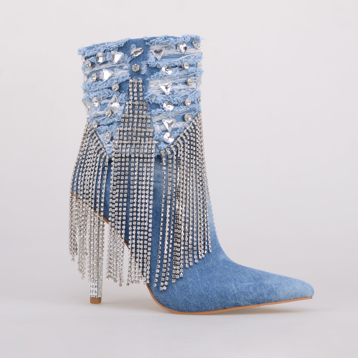 Denim Booties with  rhinestone Metal Chain