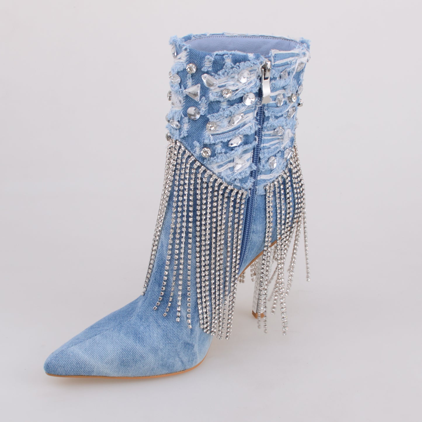 Denim Booties with  rhinestone Metal Chain