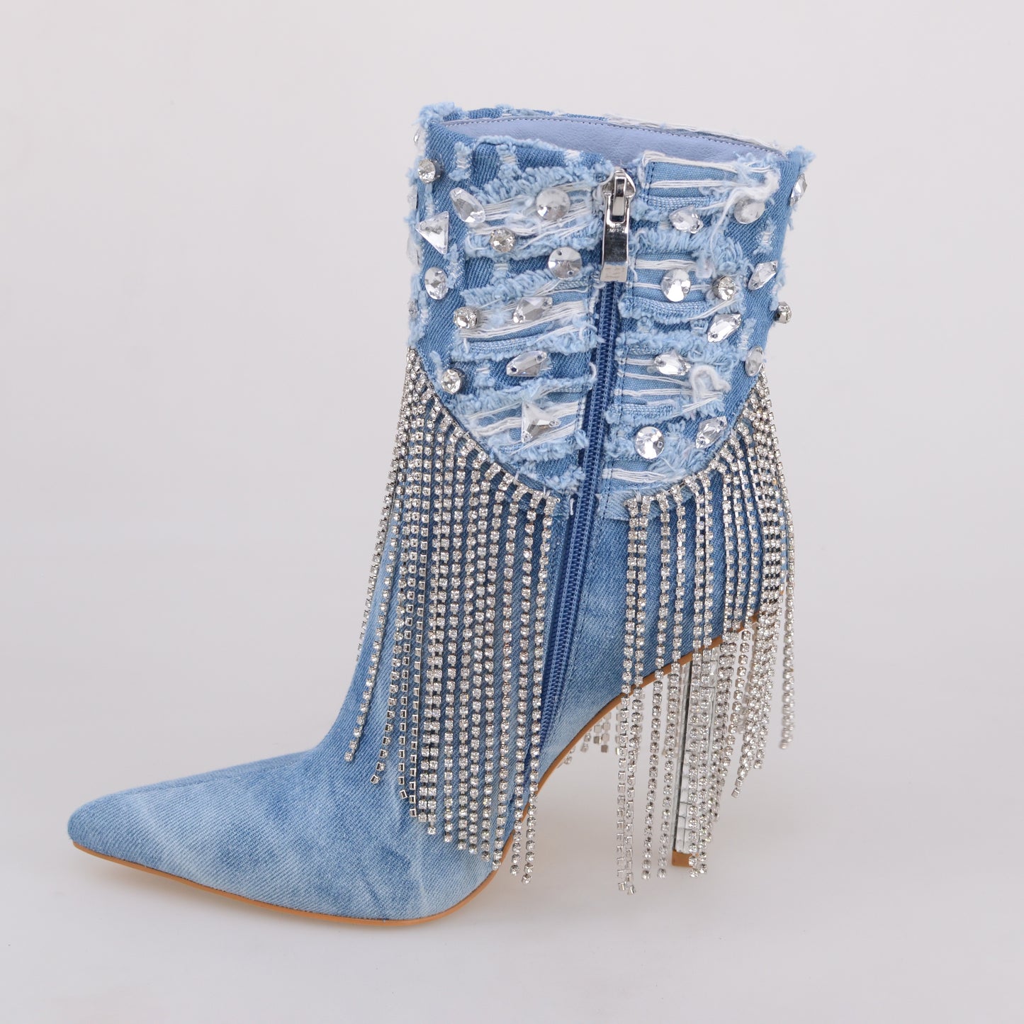 Denim Booties with  rhinestone Metal Chain