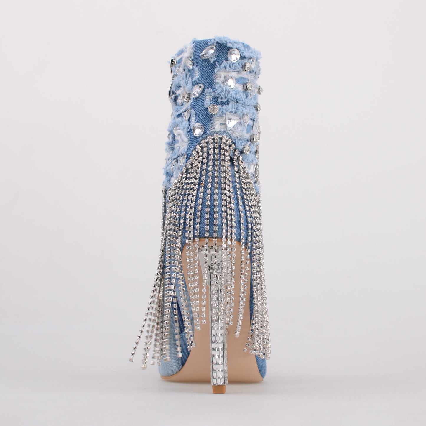 Denim Booties with  rhinestone Metal Chain